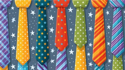 Fototapeta premium A colorful array of patterned ties against a starry background for fashion and design inspiration
