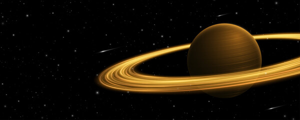 3D planet Saturn with swirling glowing rings around into deep space with shining stars. Abstract cosmic background related to astronomy, astrophysics and universe visuals. Vector illustration. © sersupervector