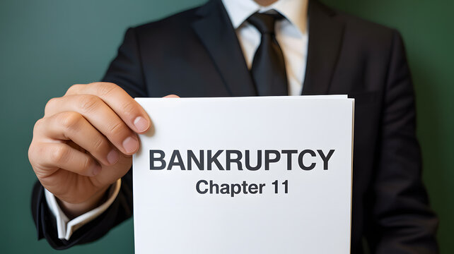 A businessman holding a paper with bankruptcy chapter 11 in a formal suit