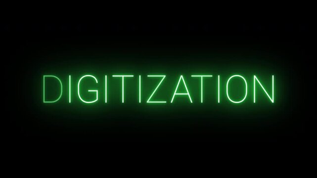Flickering neon green glowing digitization sign animated black background.