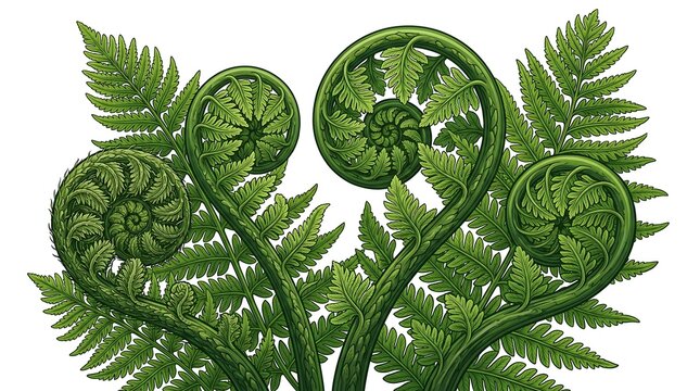 Macro botanical illustrations of fiddlehead ferns, showcasing intricate unfurling patterns