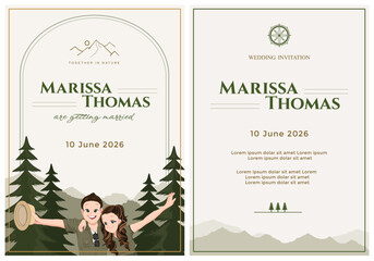 Wedding invitation card template set with cute cartoon couple in camping outfits, pine trees forest and mountains background, nature and adventure theme marriage announcement. © abaiyamook
