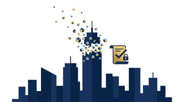 vector illustration of a city building transforming into digital blocks with a secure smart contract representing real estate tokenization