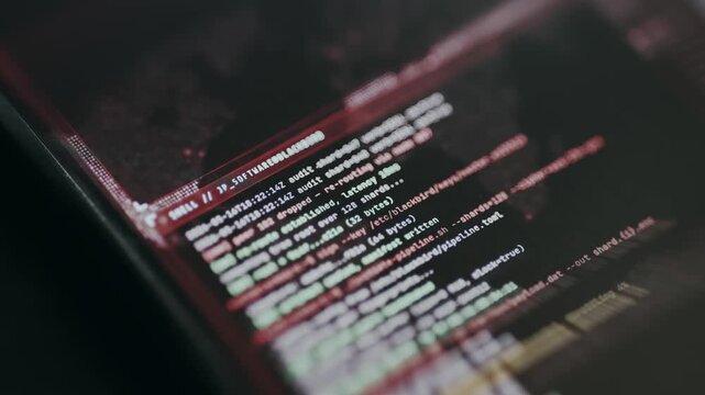 Terminal screen displaying computer code and system logs, Hacker activity