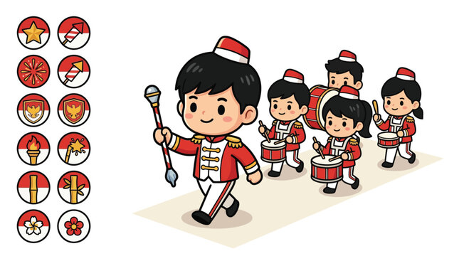 Vector illustration of cute chibi children in red and white marching band uniforms for Indonesian Independence Day parade with drum major, drummers, and patriotic national icons.
