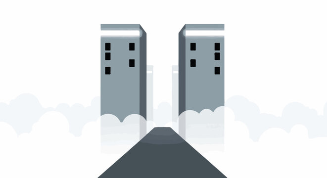 Two abstract skyscrapers rise through clouds above a dark, angled path