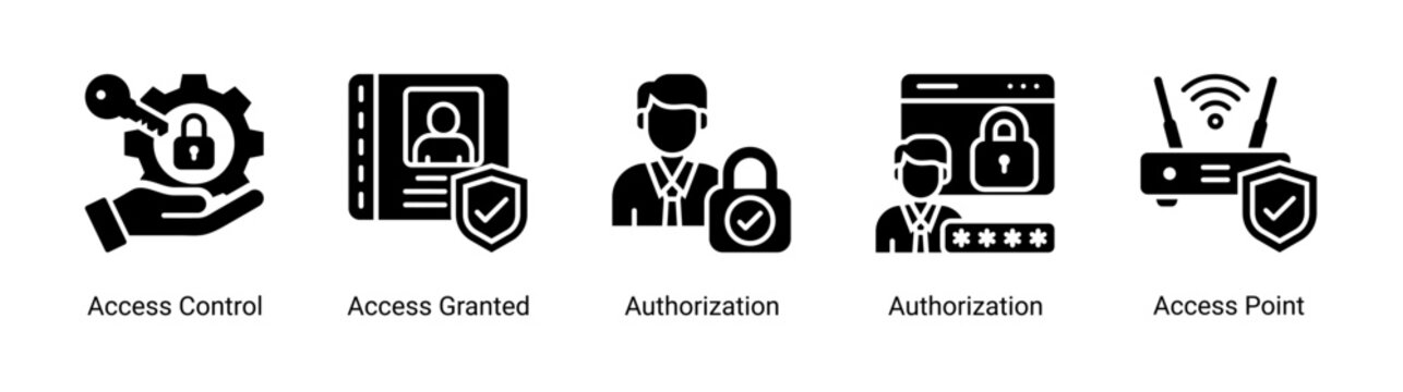 Access Control icon set vector illustration with authorization,access point,and access granted icons for identity and permission management systems.