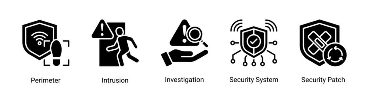 Security System icon set vector illustration with intrusion,investigation,and security patch icons for monitoring and protection systems.