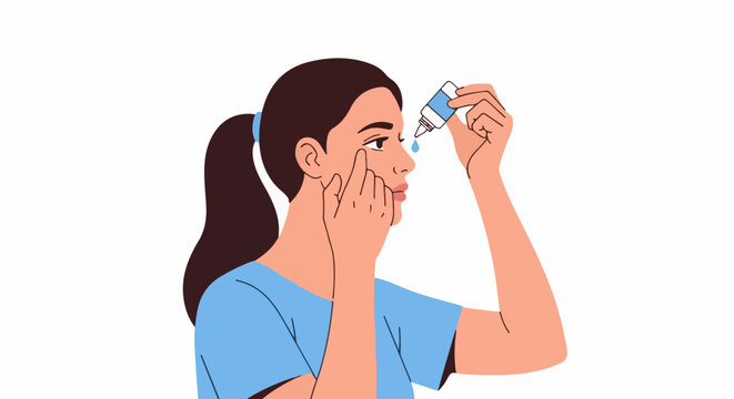 Woman applying eye drops with her hair pulled back in a ponytail, wearing blue