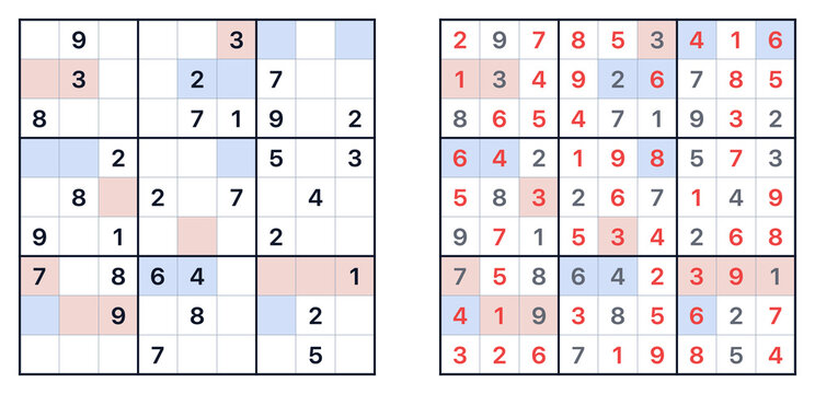 Sudoku puzzle with completed grid and steps marked in different colors  
