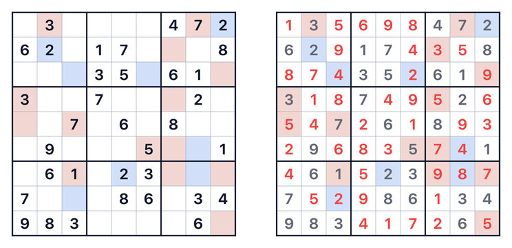 Sudoku puzzle grids with filled and unfilled numbers in colors  