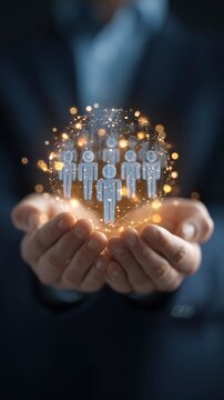 Hands holding a glowing digital globe representing a human network, conceptual illustration of global connectivity and social organization.