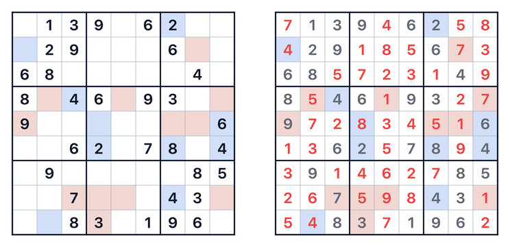 Sudoku puzzle grid with empty spaces and solved numbers  