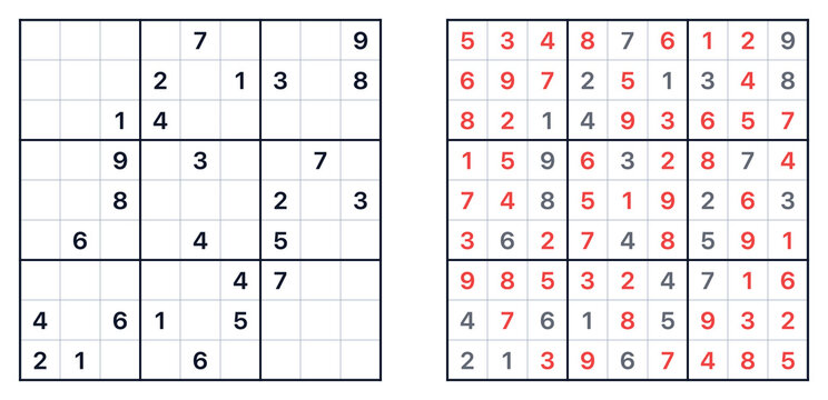 Sudoku puzzle completing process with filled and empty grids  