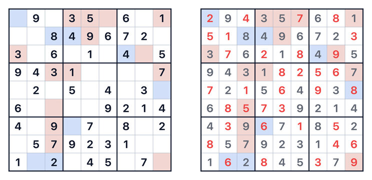 Sudoku puzzle with highlighted numbers and solved grid side by side  
