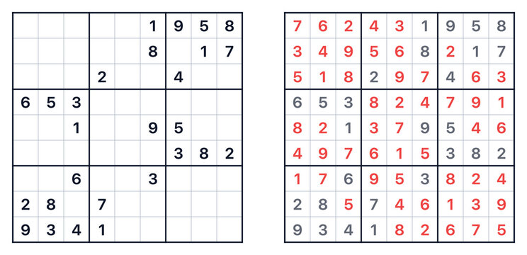 Sudoku puzzle grids with solved solution in red numbers  
