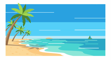 Obraz premium Tropical beach scene with palm trees, turquoise water, a distant sunset, and a sailboat
