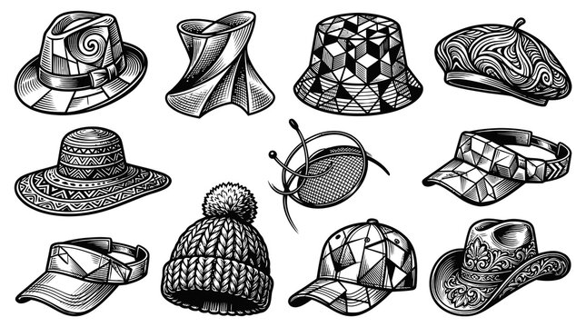 Detailed Engraved Artistic Hat Graphic Vector Set