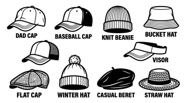 Types Of Men And Women Casual Hats Line Art Vector Set