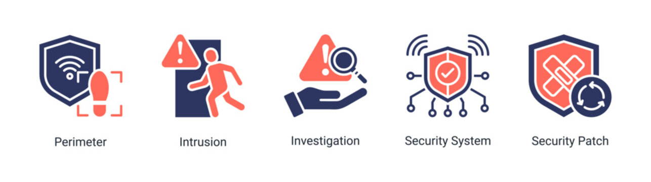 Security System icon set vector illustration with intrusion,investigation,and security patch icons for monitoring and protection systems.