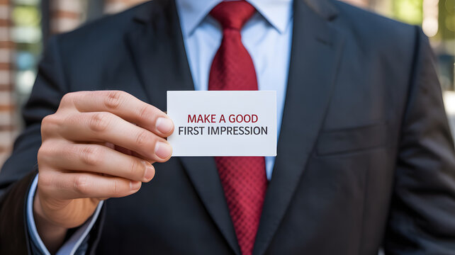 A businessman holding a card with a message about making a good first impression