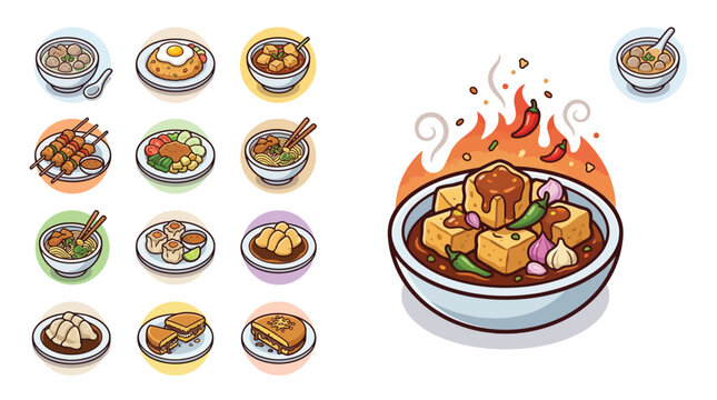 Collection of various Indonesian street food illustrations featuring satay, fried rice with egg, bakso, noodles, martabak, and a spicy tofu bowl with chili peppers in cute chibi style.