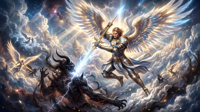 Archangel Michael with Sword Fighting a Demon in Heavenly Clouds