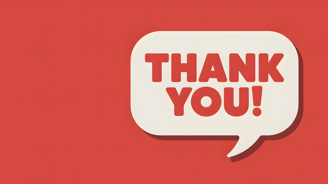 A white speech bubble with red text on a red background expressing gratitude