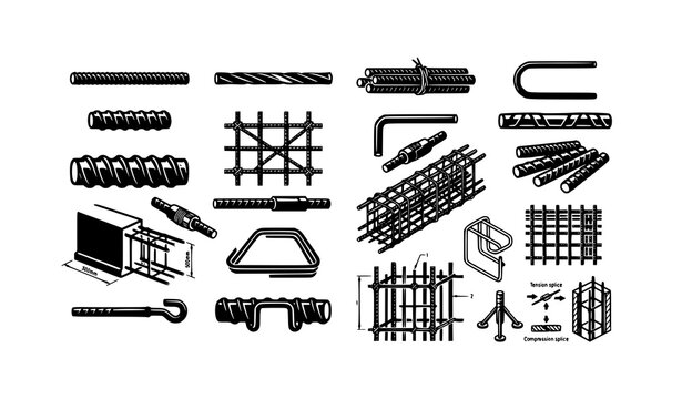 Monochrome reinforcement steel rebar pack with industrial construction vectors
