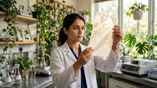 Photorealistic image of a female scientist in a plant-filled laboratory examining a piece of sustainable plant-based biomaterial
