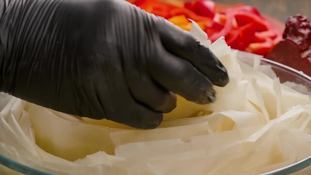 Hand arranging a rolled sheet of thin phyllo dough into a round glass baking dish. Process of making a traditional pie with filo pastry in the kitchen.