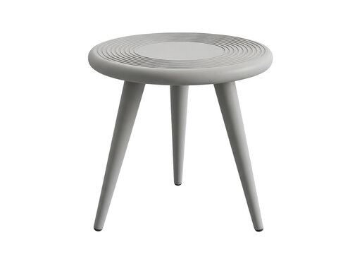 Minimalist white three-legged stool, isolated on transparent background. Modern design furniture, small side table.