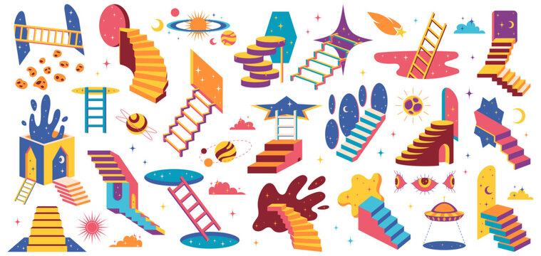 Surreal door and ladder floating in cosmic space with geometric stairs and abstract portals. Psychedelic doorway design with stars, planets and mind bending perspective for creative dream art.