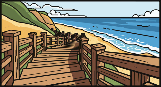 Wooden boardwalk leads down to a sandy beach with waves and a cloudy sky