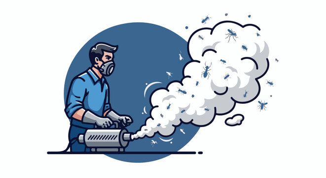 Worker in mask fumigating insects with machine, vector art