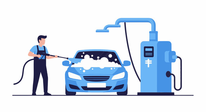 Worker sprays foam on a blue car at a car wash station