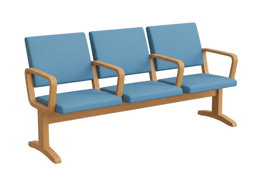 Three blue fabric waiting room chairs with wooden armrests and legs, modern reception seating arranged on transparent background.