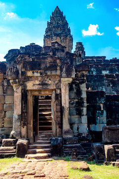 Bakong Temple Central Tower with Stone Stairs, Siem Reap, Cambodia