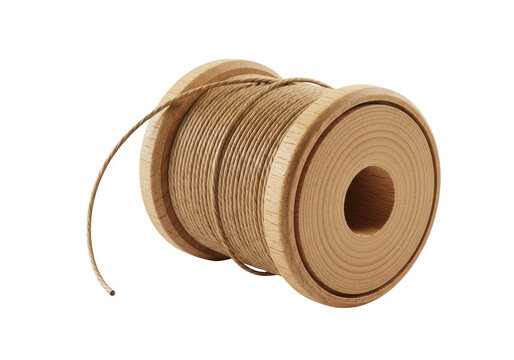 Wooden spool of thick natural twine or string isolated on transparent background for crafting and DIY projects.