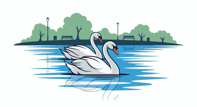 Two white swans glide gracefully on a tranquil blue lake, reflecting in the water, with a park scene in the background