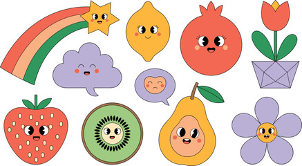 Fototapeta premium Retro groovy cartoon fruit and flower vector element set with funny faces rainbow cloud and star
