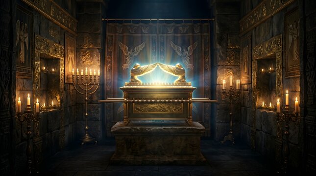 Ark of the Covenant glowing with divine light in an ancient stone chamber