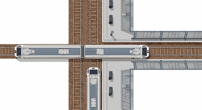 Top-down view of two trains on intersecting railway tracks with platforms