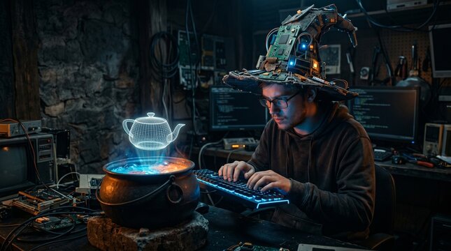 A creative software developer wearing a circuit board wizard hat while conjuring a 3D wireframe teapot from a glowing cauldron, conceptualizing the magic of coding and technomancy.