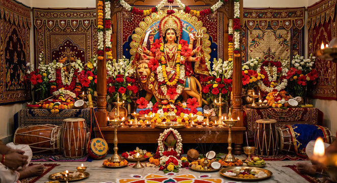 Goddess Durga Altar with Traditional Decor for Navratri Festival