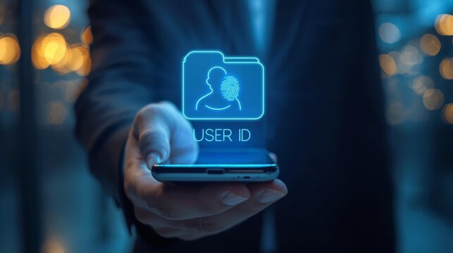 Smartphone Hologram Displaying User Id Data in Hand