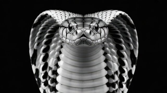 Front view of a King Cobra snake with flared hood in black and white