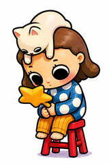 Fototapeta premium Cute Little Girl with Cat and Star Wand Cartoon Illustration.eps
