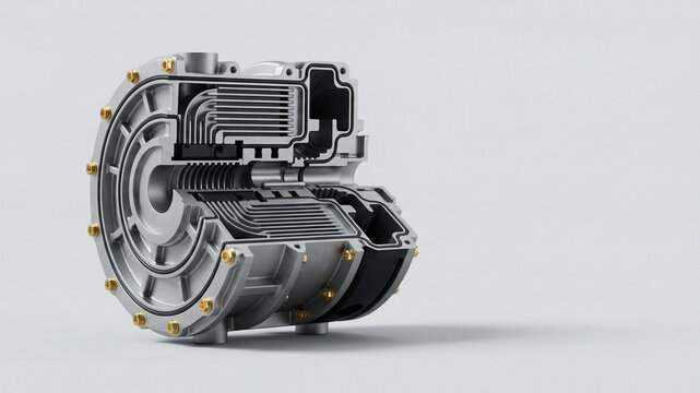 Cross section of circular mechanical hardware with internal fins on light background with copy space