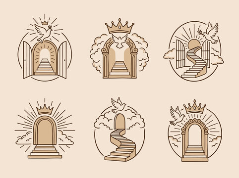 Celestial gate icon set with dove crown and stairway for spiritual brand on beige background
